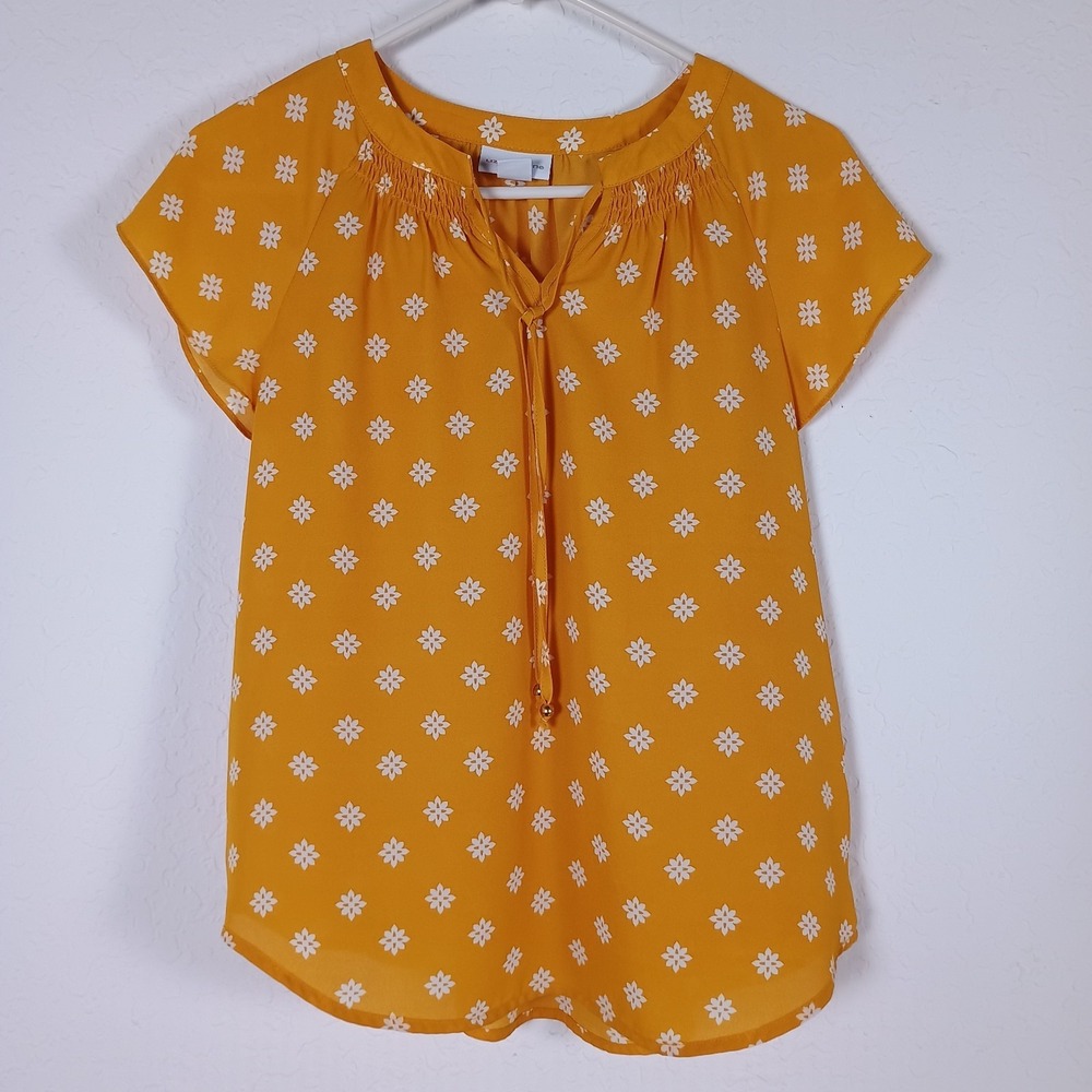 Liz Claiborne Pintuck Blouse Womens M Yellow‎ White Floral Short Sleeve Top PS